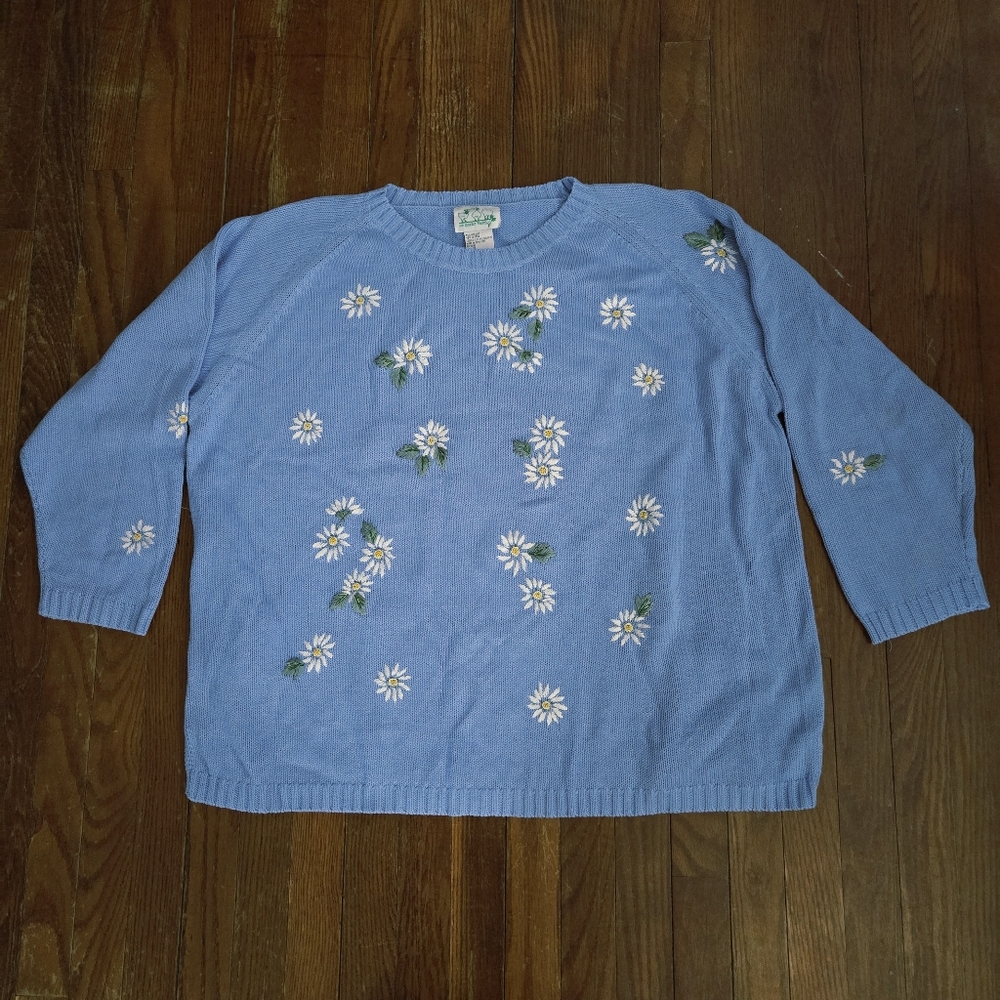 Vintage Quacker Factory Embroidered Daisy Pullover Sweater Size 2X Spring FLAW - Picture 2 of 16
